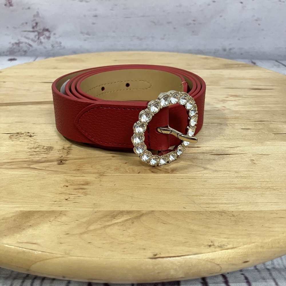 Talbots Red Pebbled Leather Belt Rhinestone Crystal Circle Buckle XL NWT